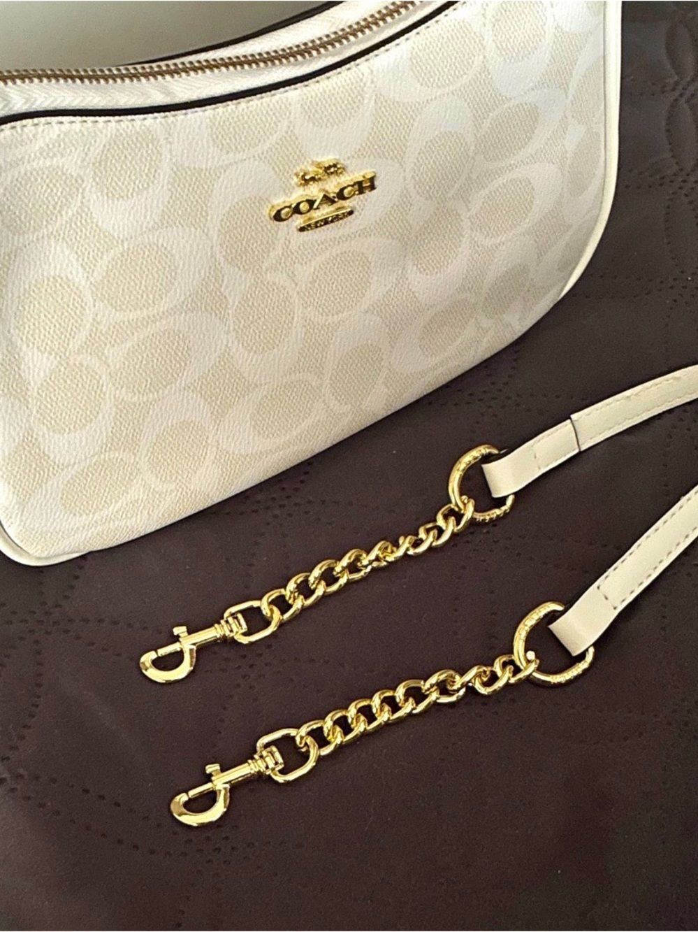 Coach Cream Signature Canvas Crossbody with Gold Chain Strap